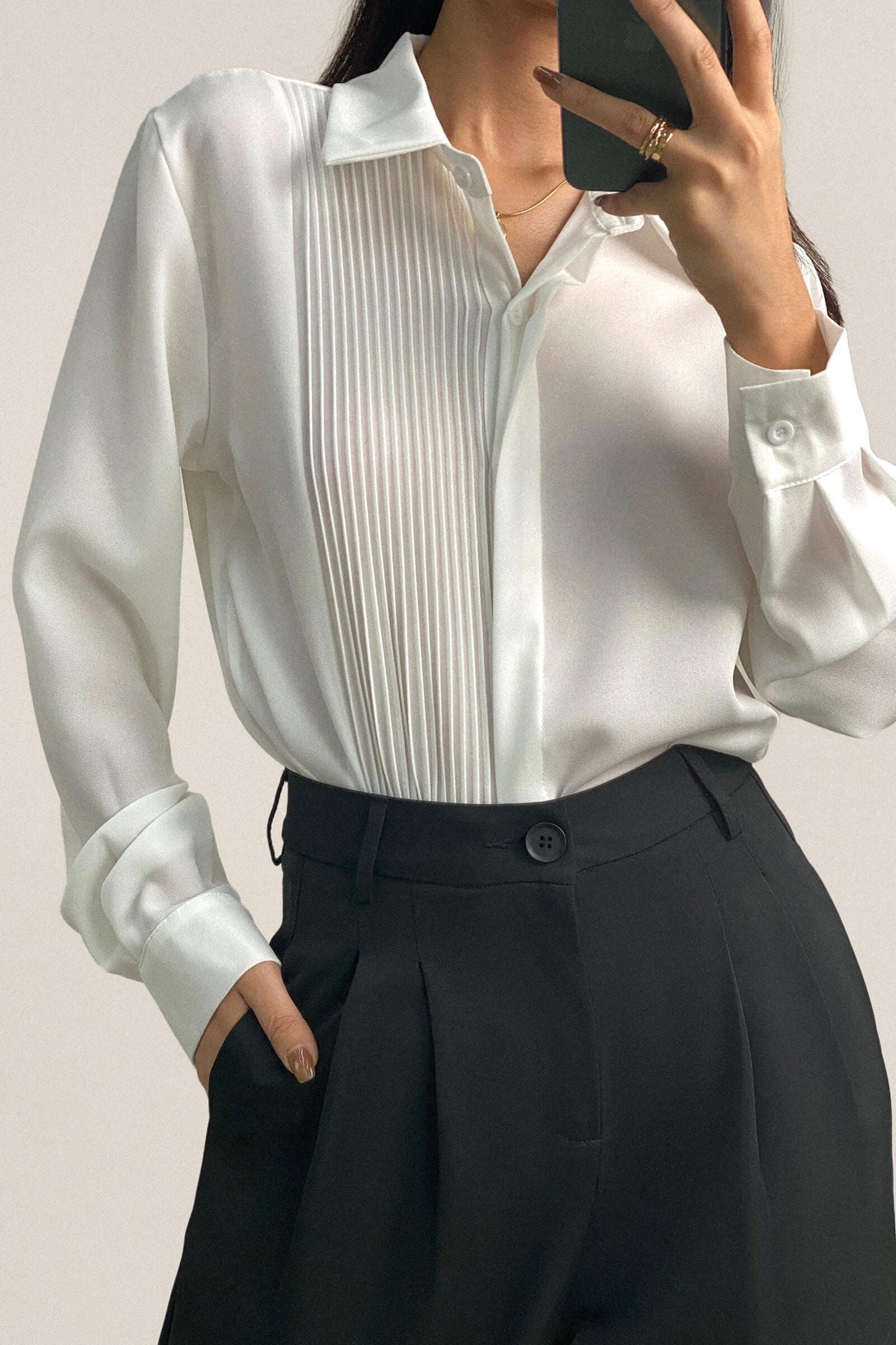 White Pleat Detail Long Sleeve Button-Up Chiffon Shirt
