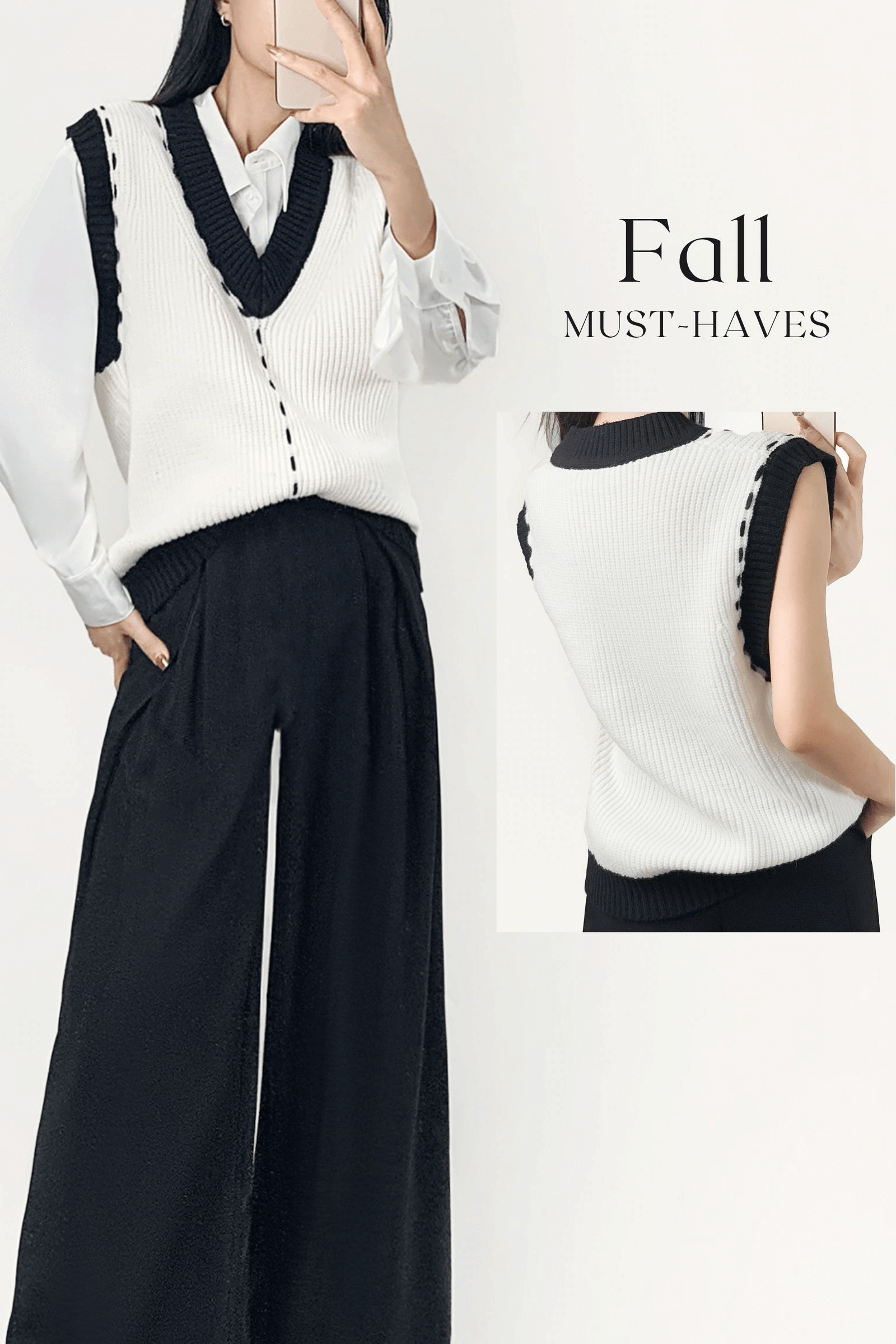 Ivory Color Block Contrast Stitch Ribbed Knit Sweater Vest