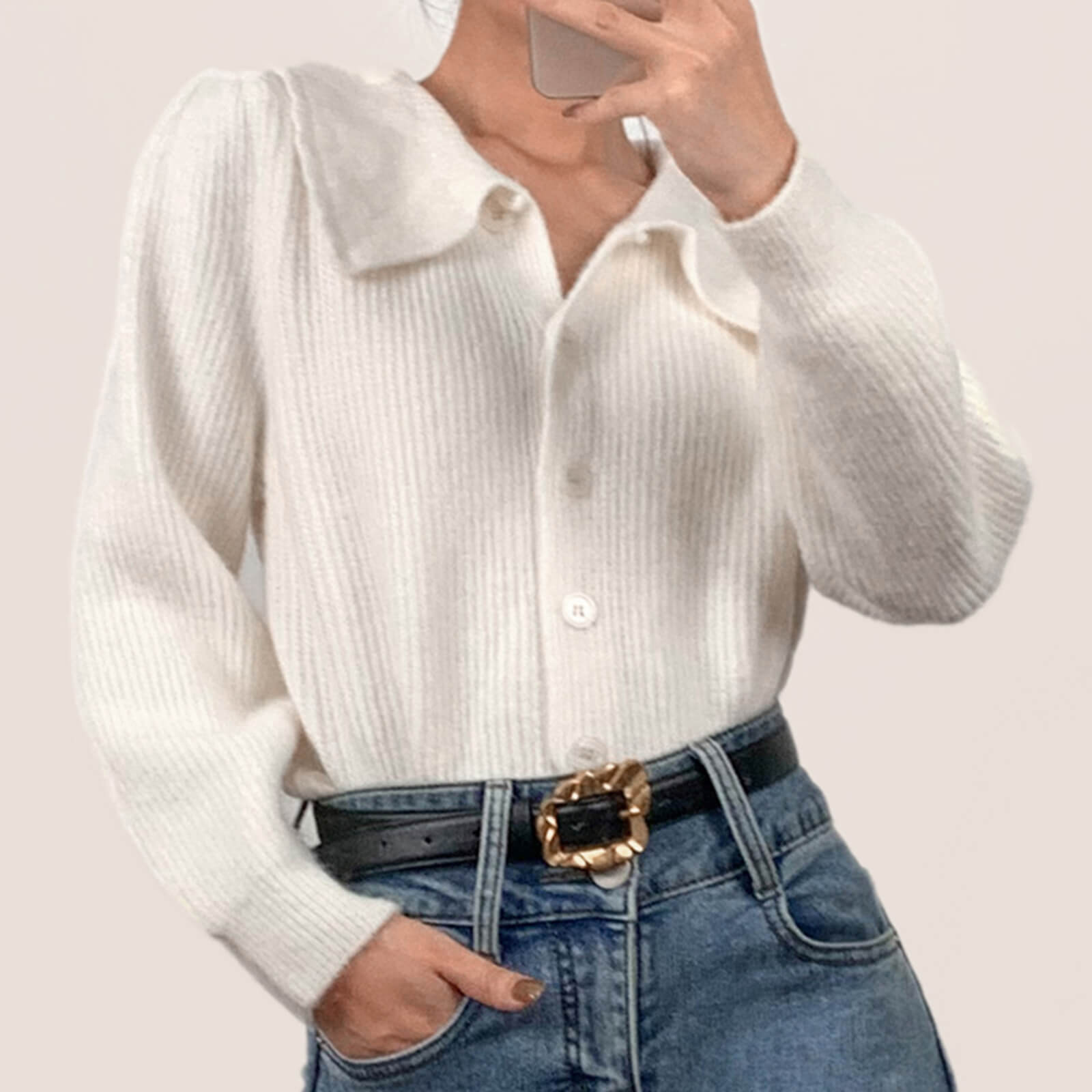 White Collared Ribbed Knit Cardigan