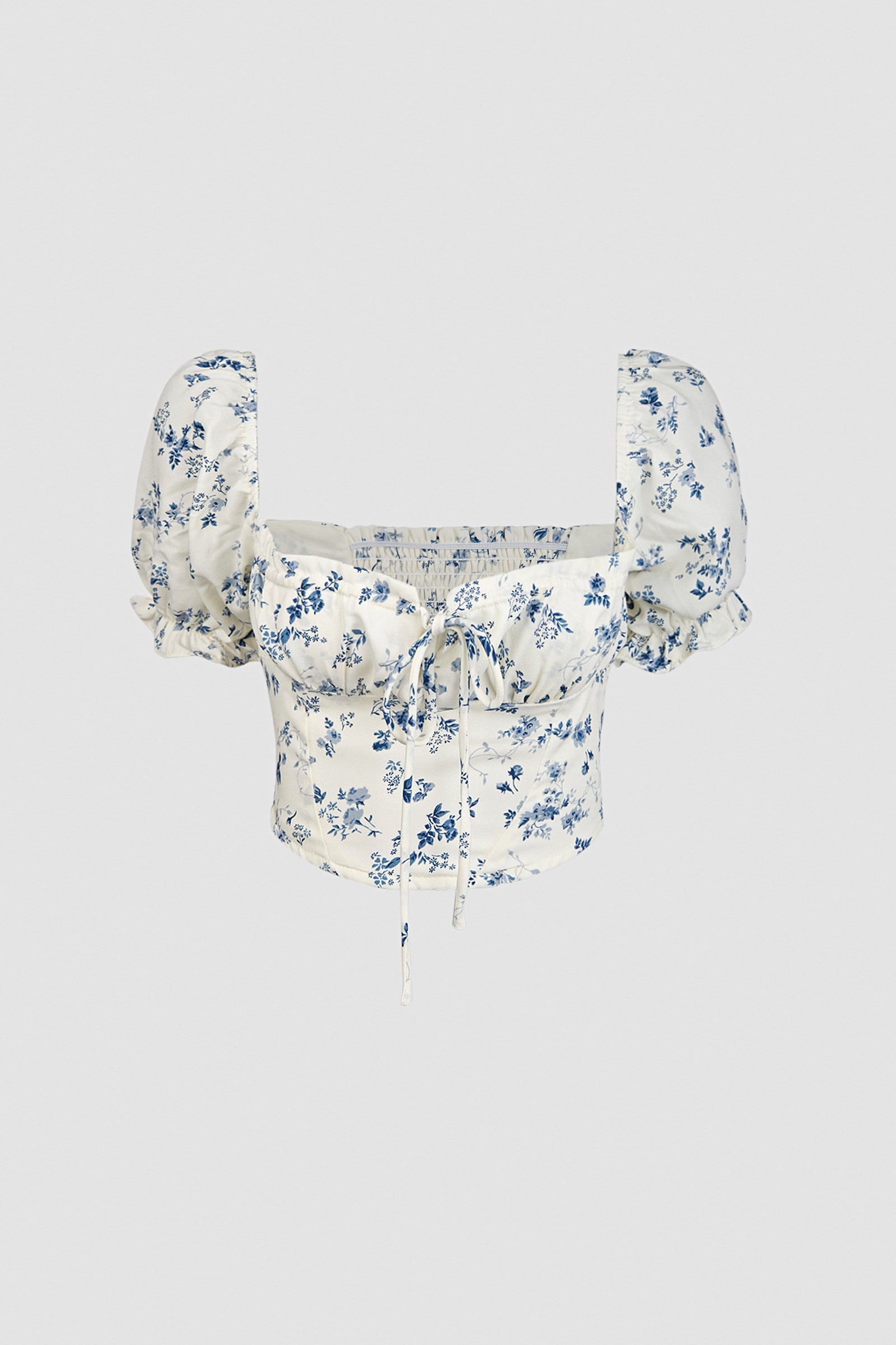 Ivory Floral Print Square Neck Cropped Blouse
