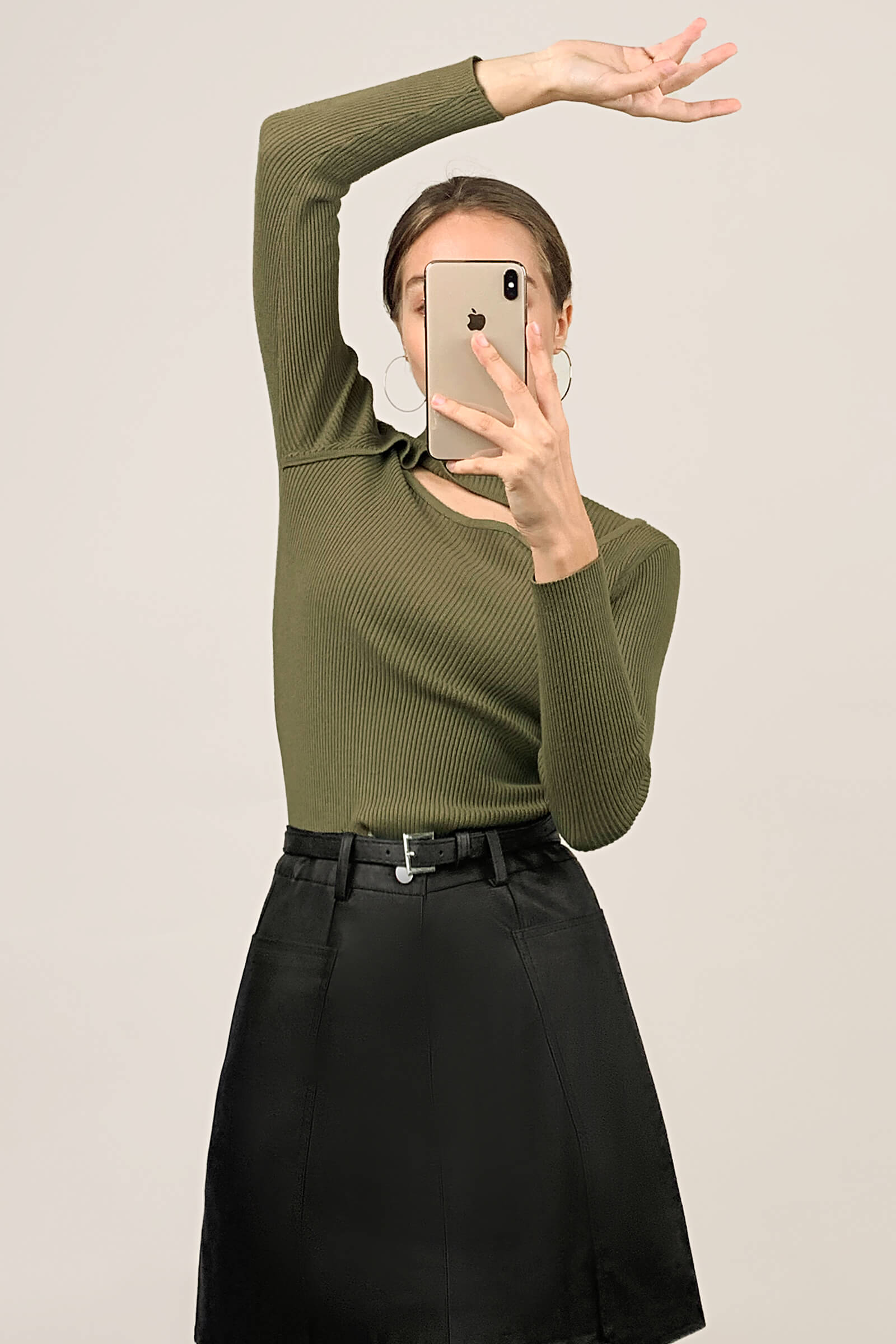 Olive Mock Neck Front Cut Out Ribbed Knit Sweater