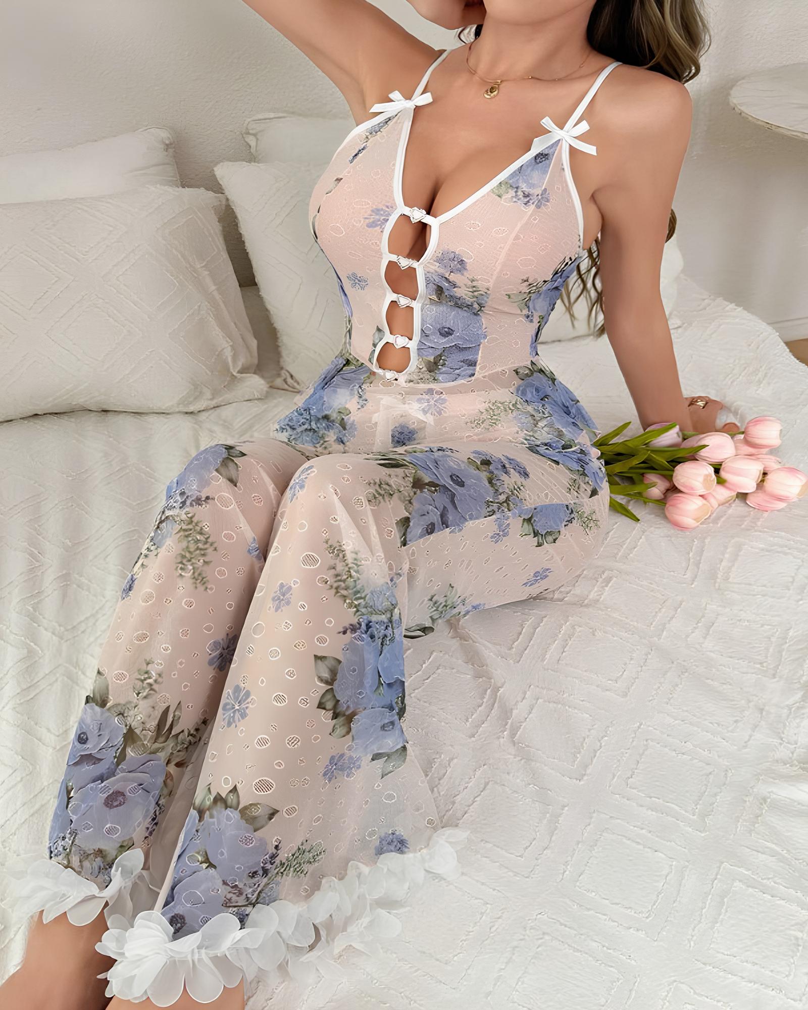 Floral Mesh See-through Ruffled Camisole and Trousers Pajama Set