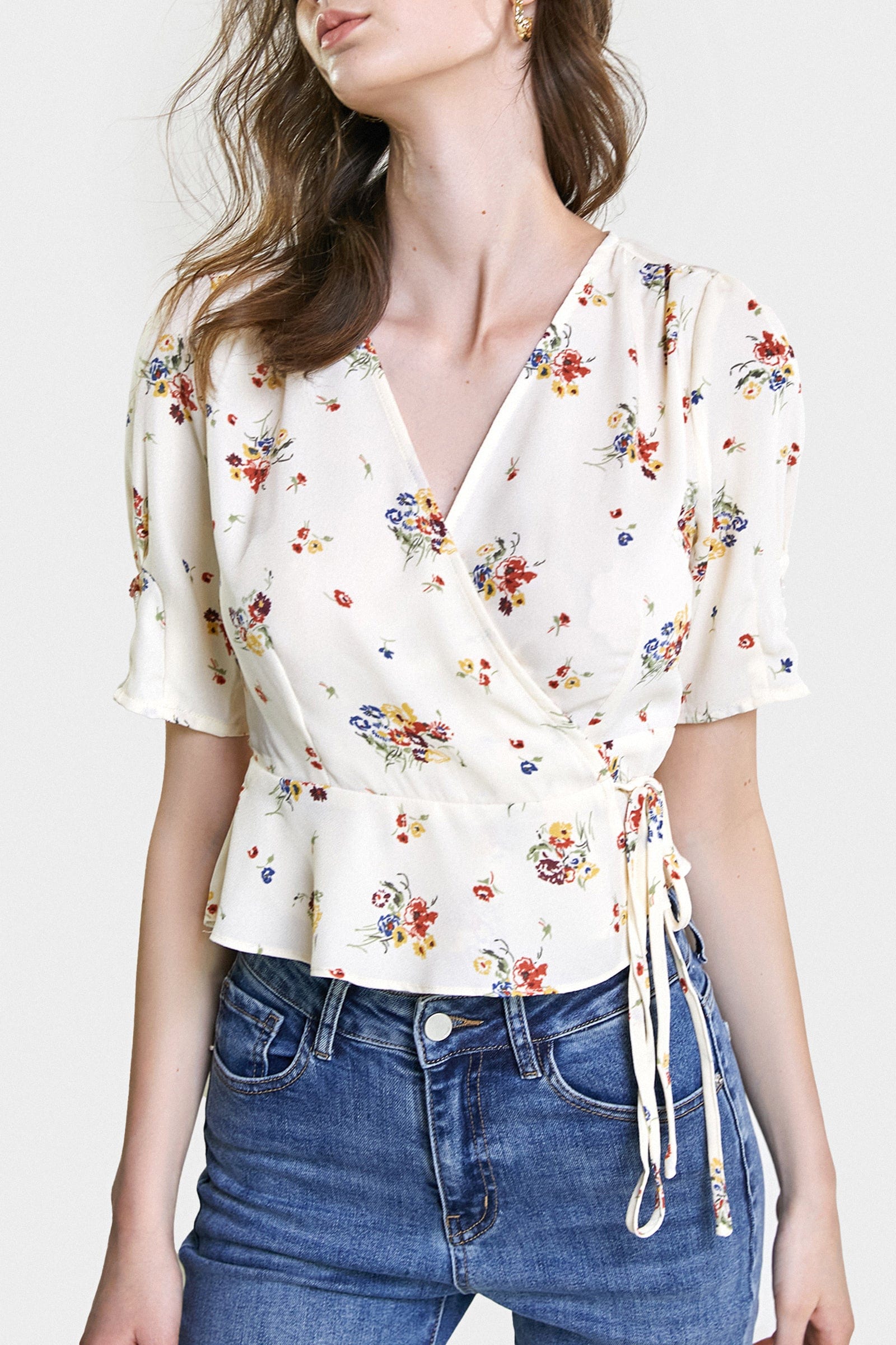 Ivory Floral Print Surplice V-Neck Tie Detail Blouse
