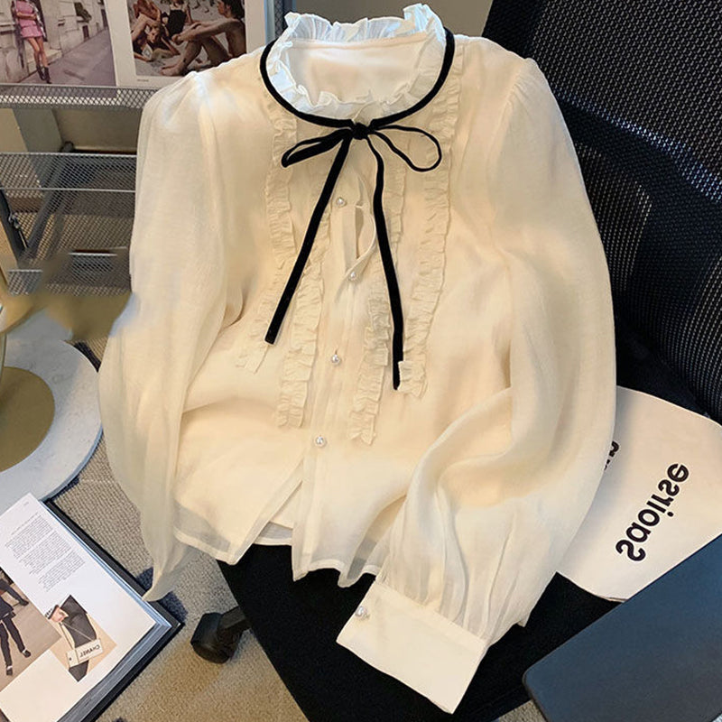 Lvory Long Sleeves Ruffled Neckline Blouse