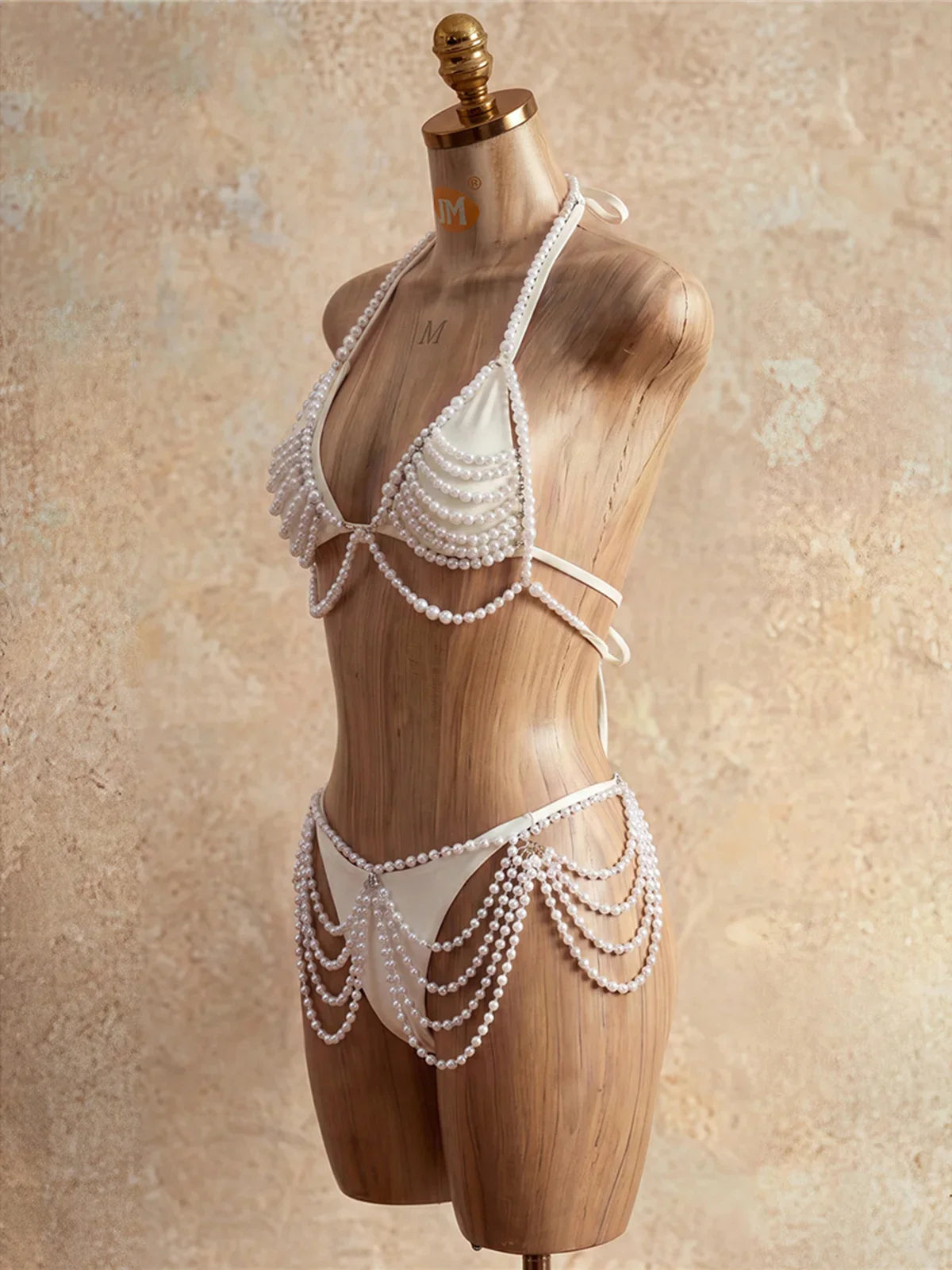 4PCS Pearls Beads Cover Up Halter Bikini Four-pieces Bikini Set