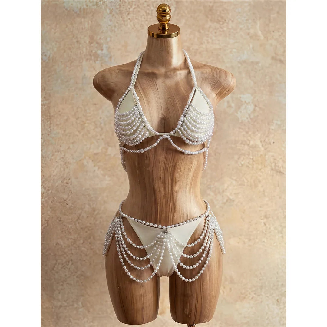 4PCS Pearls Beads Cover Up Halter Bikini Four-pieces Bikini Set