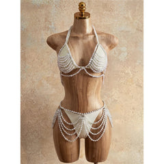 4PCS Pearls Beads Cover Up Halter Bikini Four-pieces Bikini Set