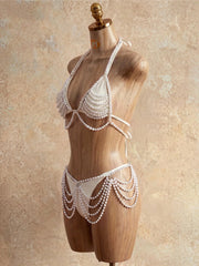 4PCS Pearls Beads Cover Up Halter Bikini Four-pieces Bikini Set