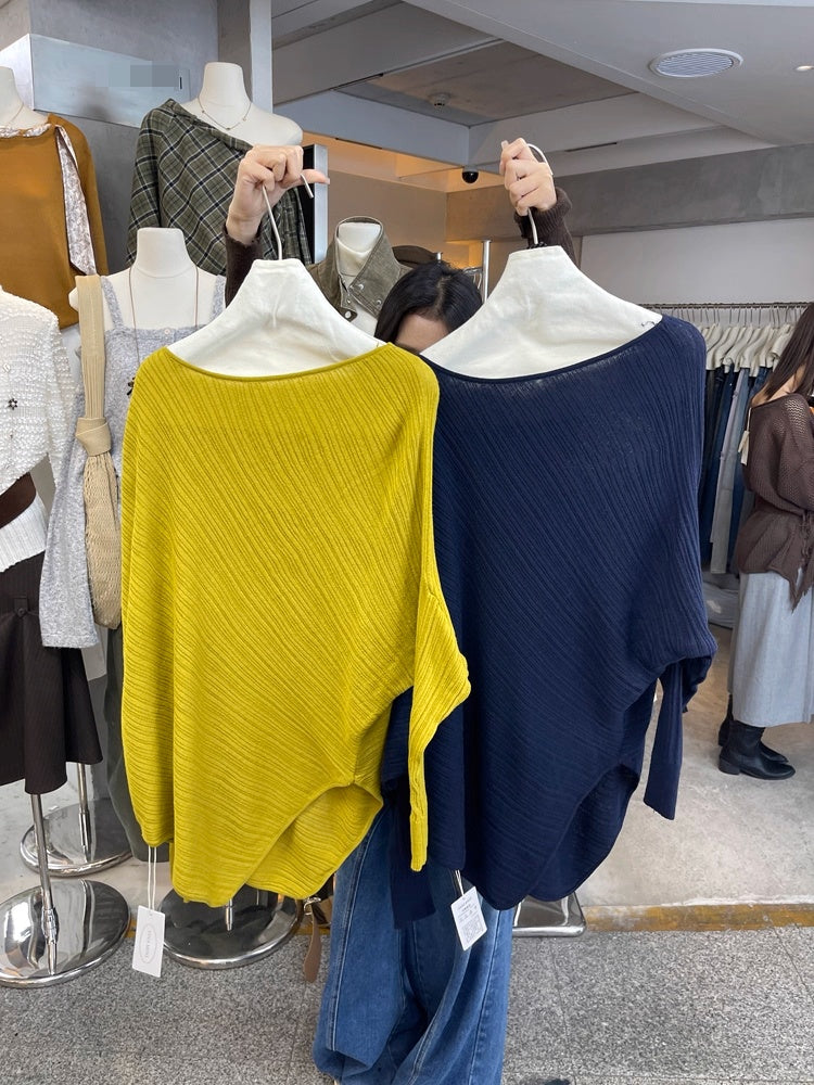 Textured Off-Shoulder Asymmetric Sweater with Belt