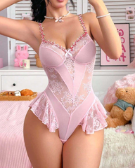 Lace Bodysuit with 3D Flower Embellishments