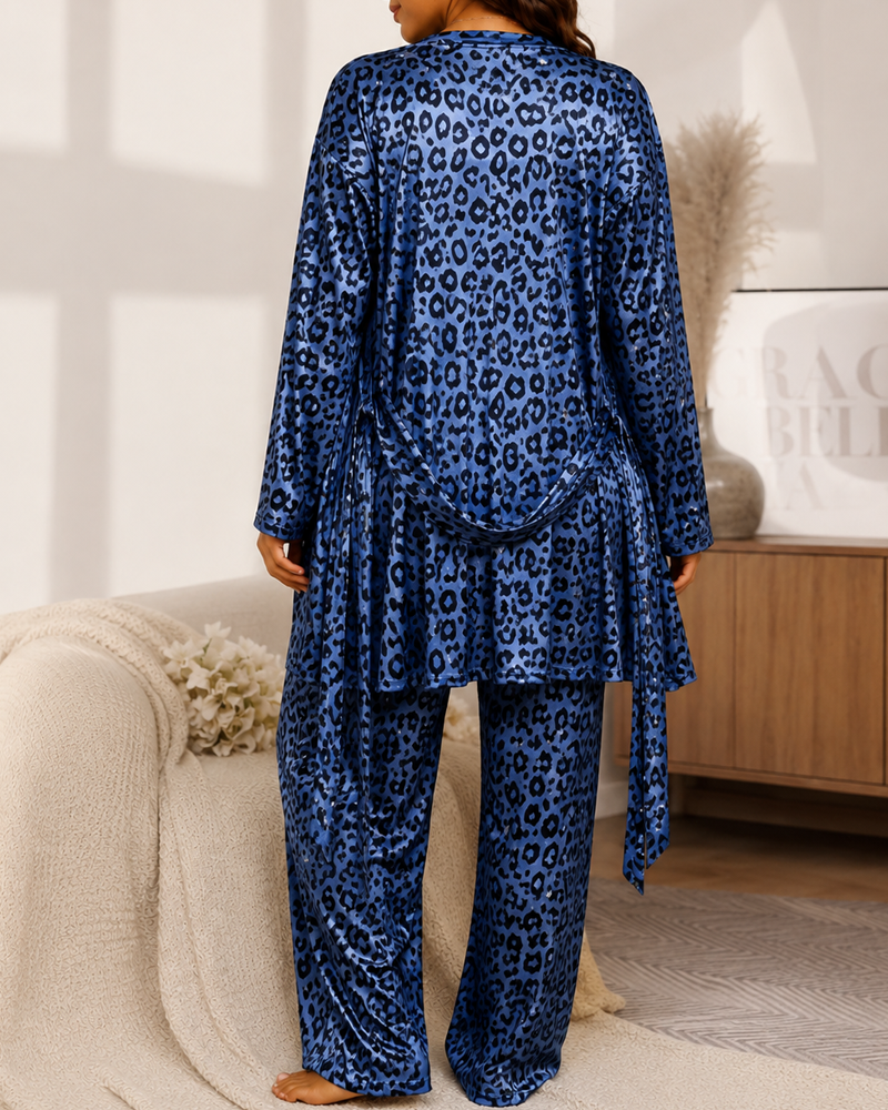 Leopard Print Satin Robe Pajama Set