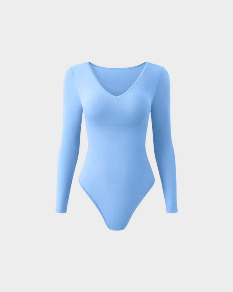 Ribbed V Neck Long Sleeve Bodysuits