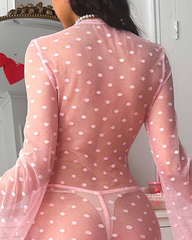 Plus Size Pink Polka Dot Mesh Robe Set