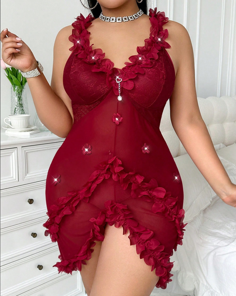 Plus Size Ruched Mesh Lace Trim Cami Chemise