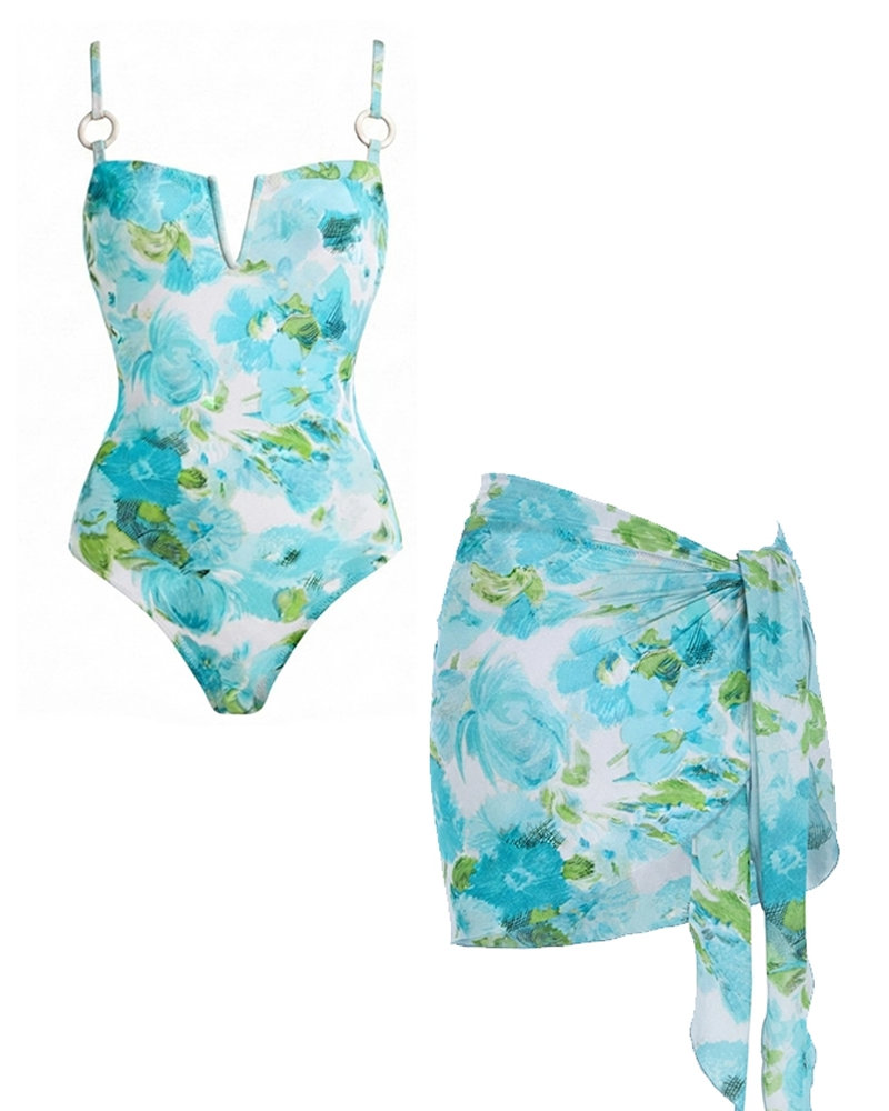 Abstract Blue Floral Swimsuit Set