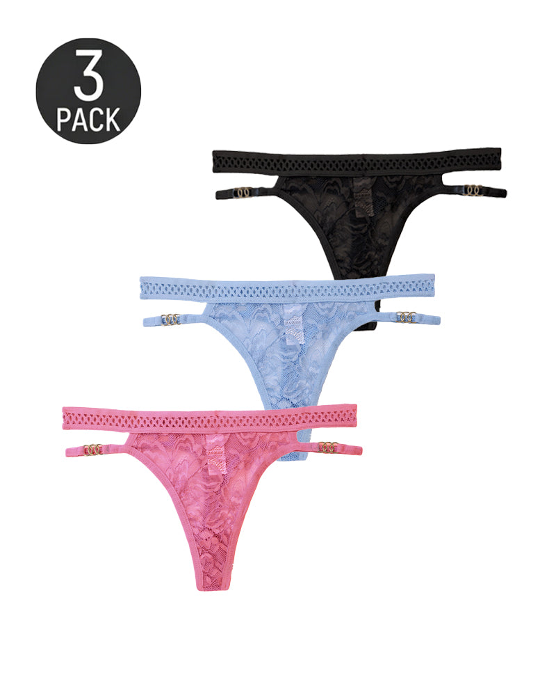 Multiple-Pack Lace Mesh Metal Buckle Decoration Thongs