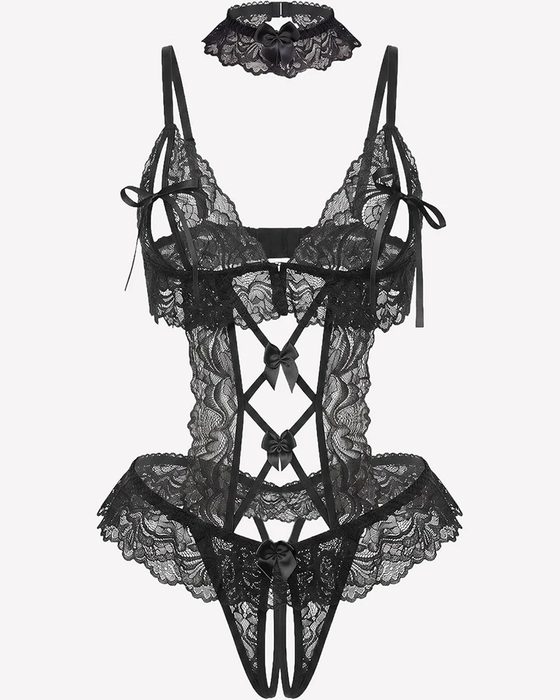 Sheer Cutout Lace Bodysuit with Bow Detail