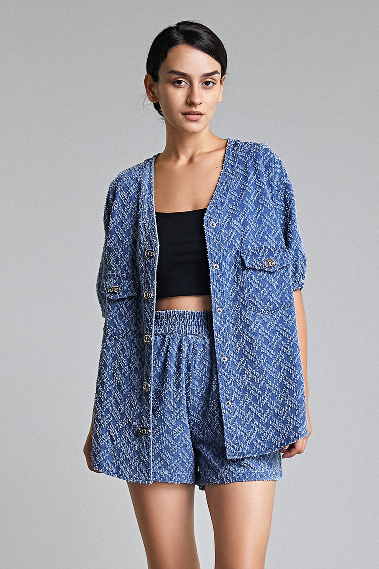 Royal Blue Frayed Denim Longline Button-Up Top & Shorts Two-Piece Set