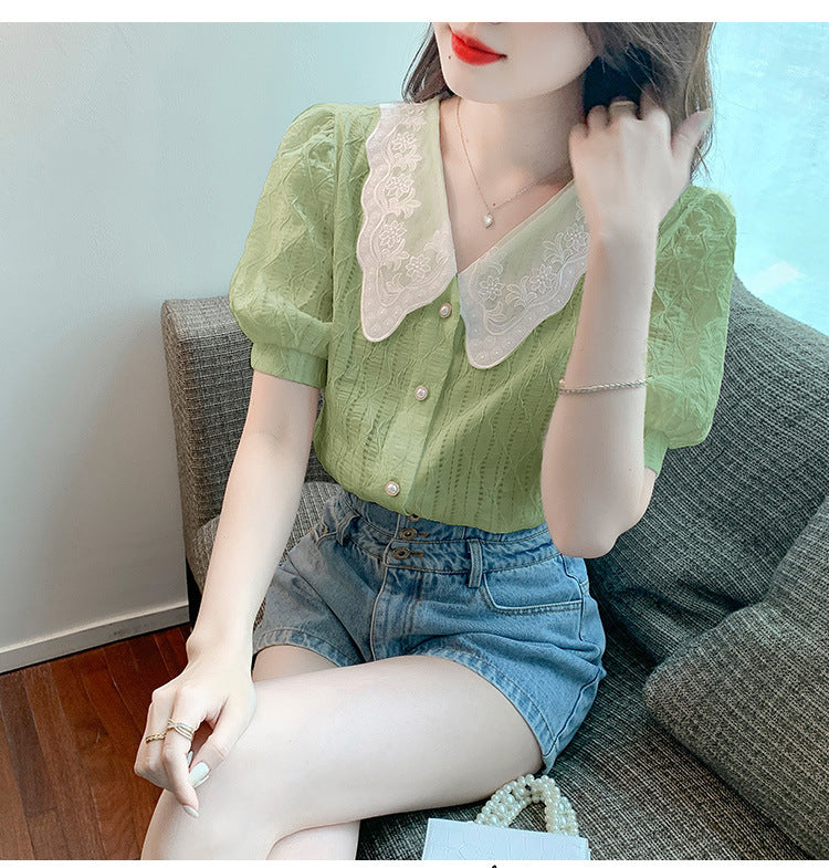 Wellesley Lace Vintage Neck Green Blouse