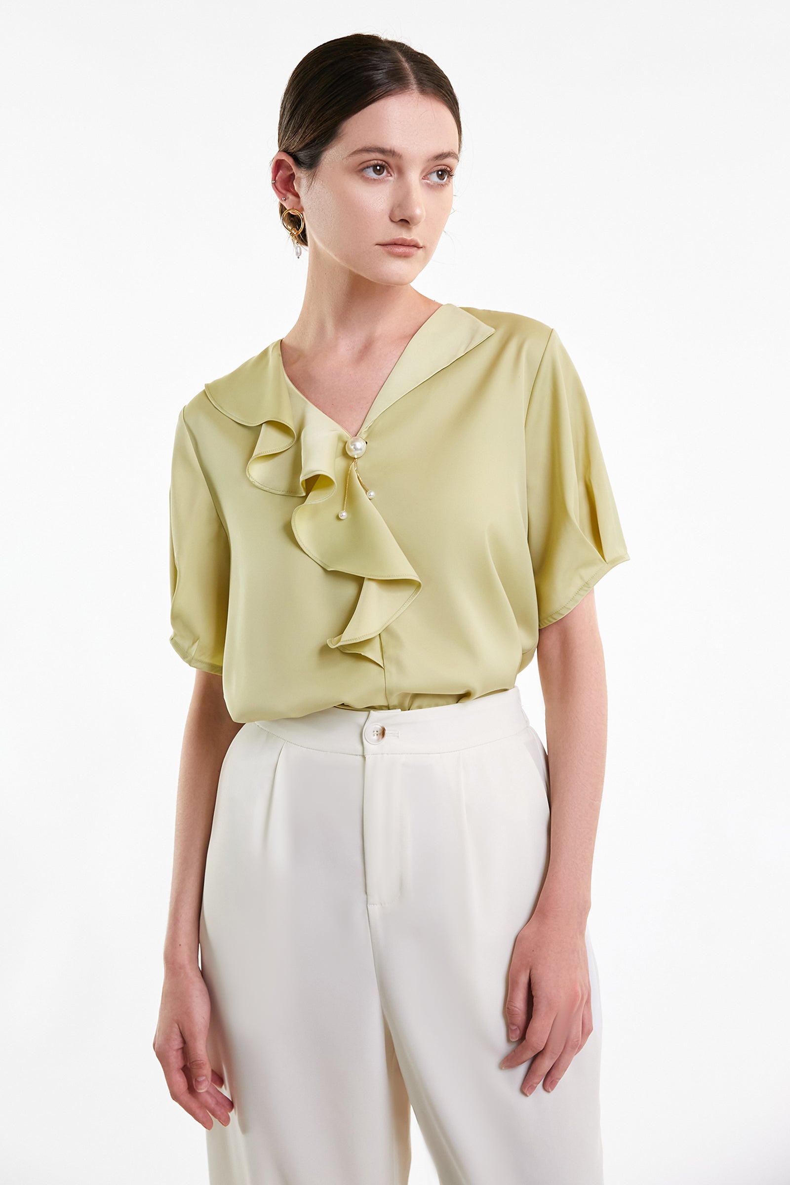 Yellow Green Flounce-Trimmed Short Sleeve Blouse