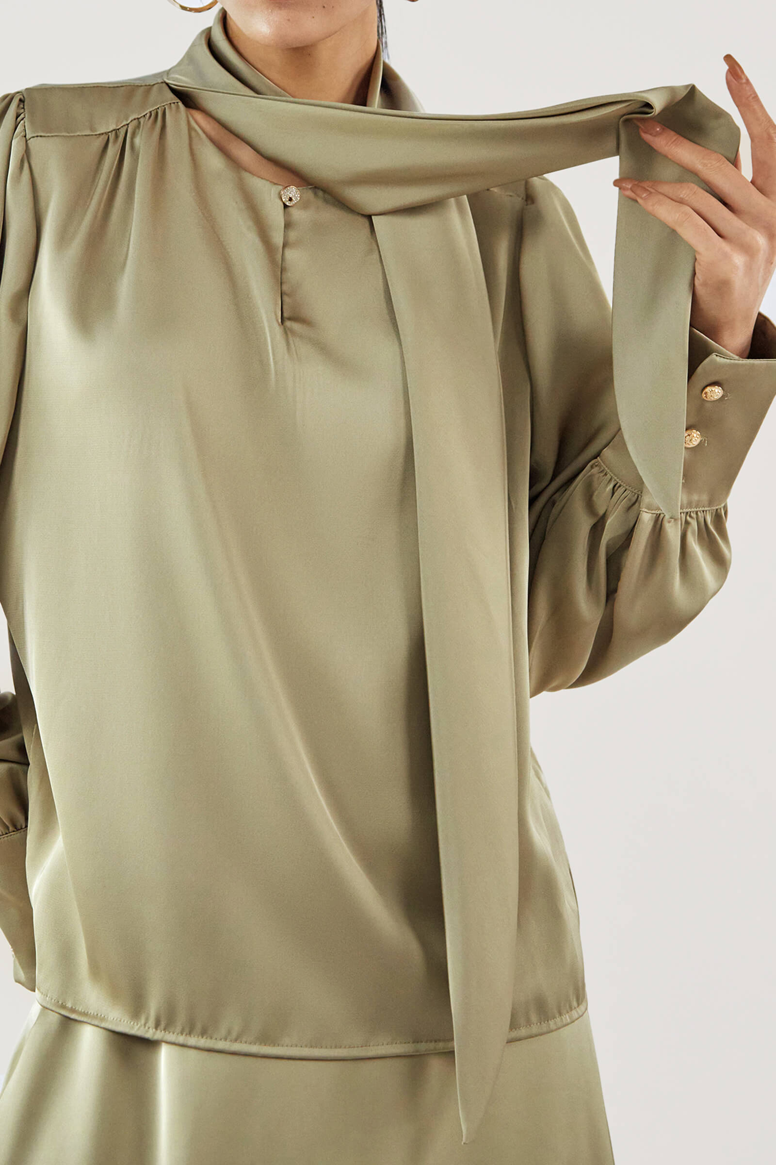 Dark Khaki Satin Ballon Sleeve Blouse