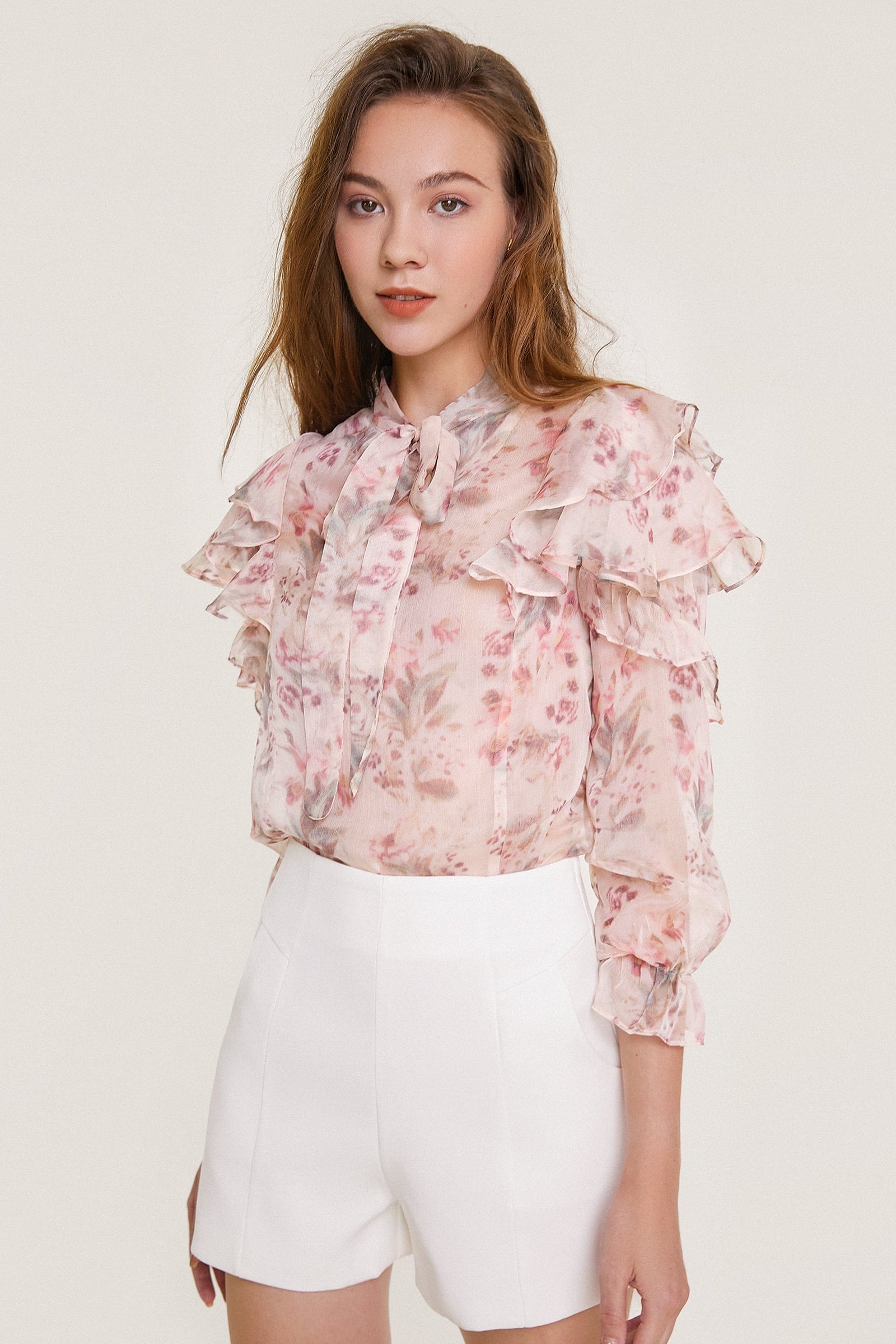 Pink Floral Print Tie Neck Ruffled Chiffon Blouse