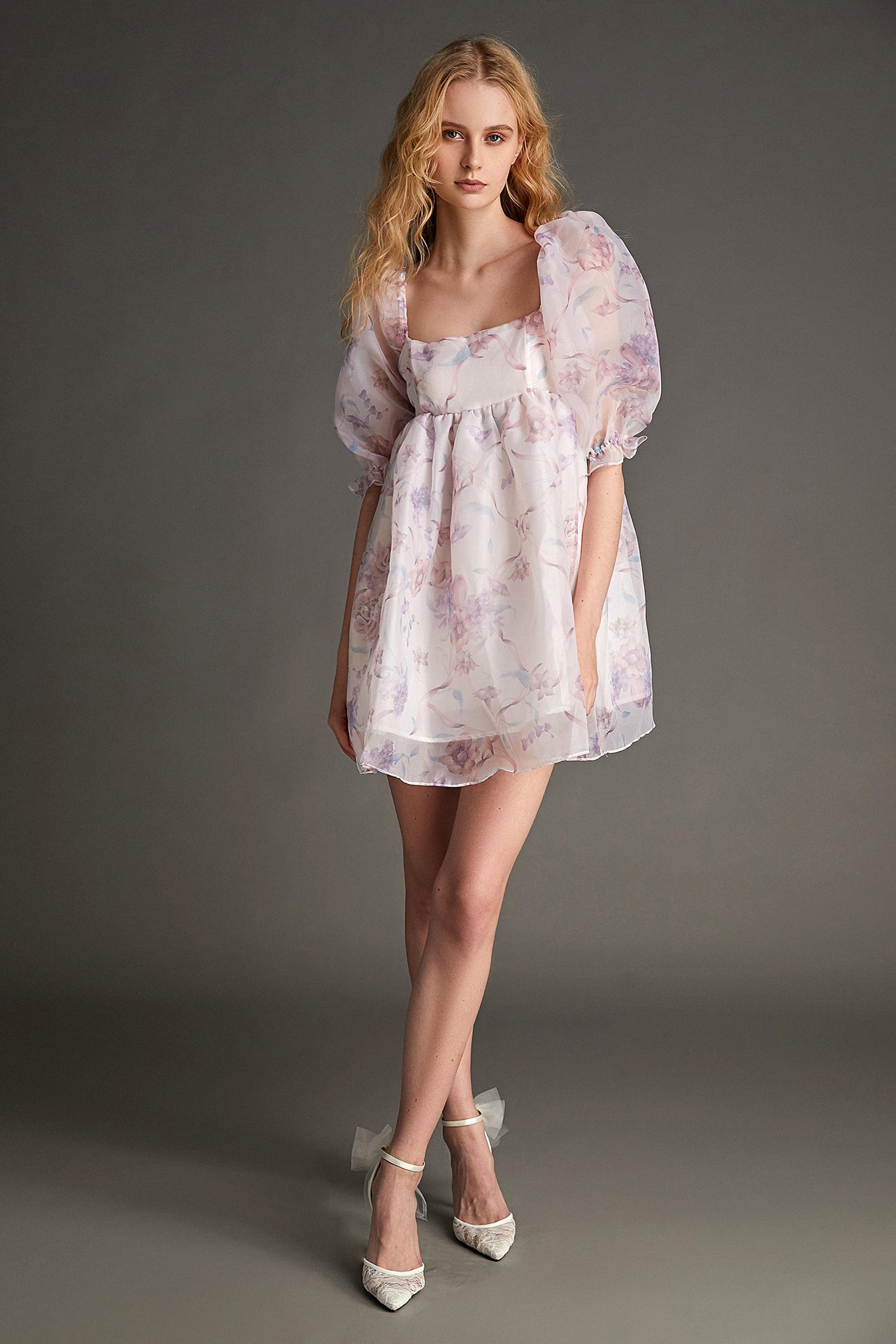 Plum Organza Floral Print Square Neck Puff Sleeve Babydoll Mini Dress