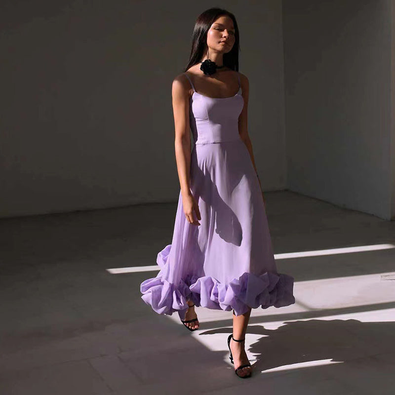 Purple Slip Petal Hem Midi Dress