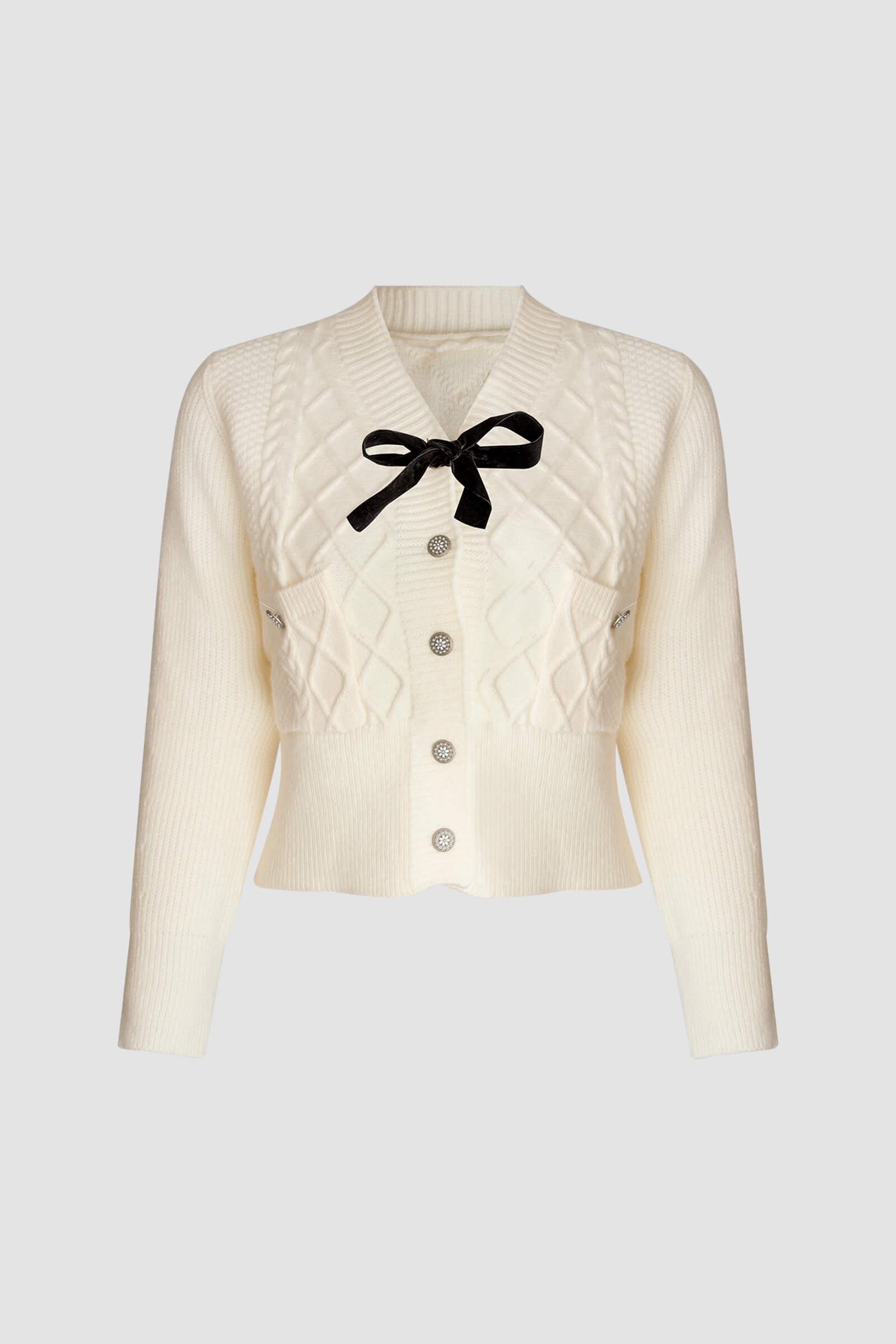White Bow Detail Button-Up Cardigan