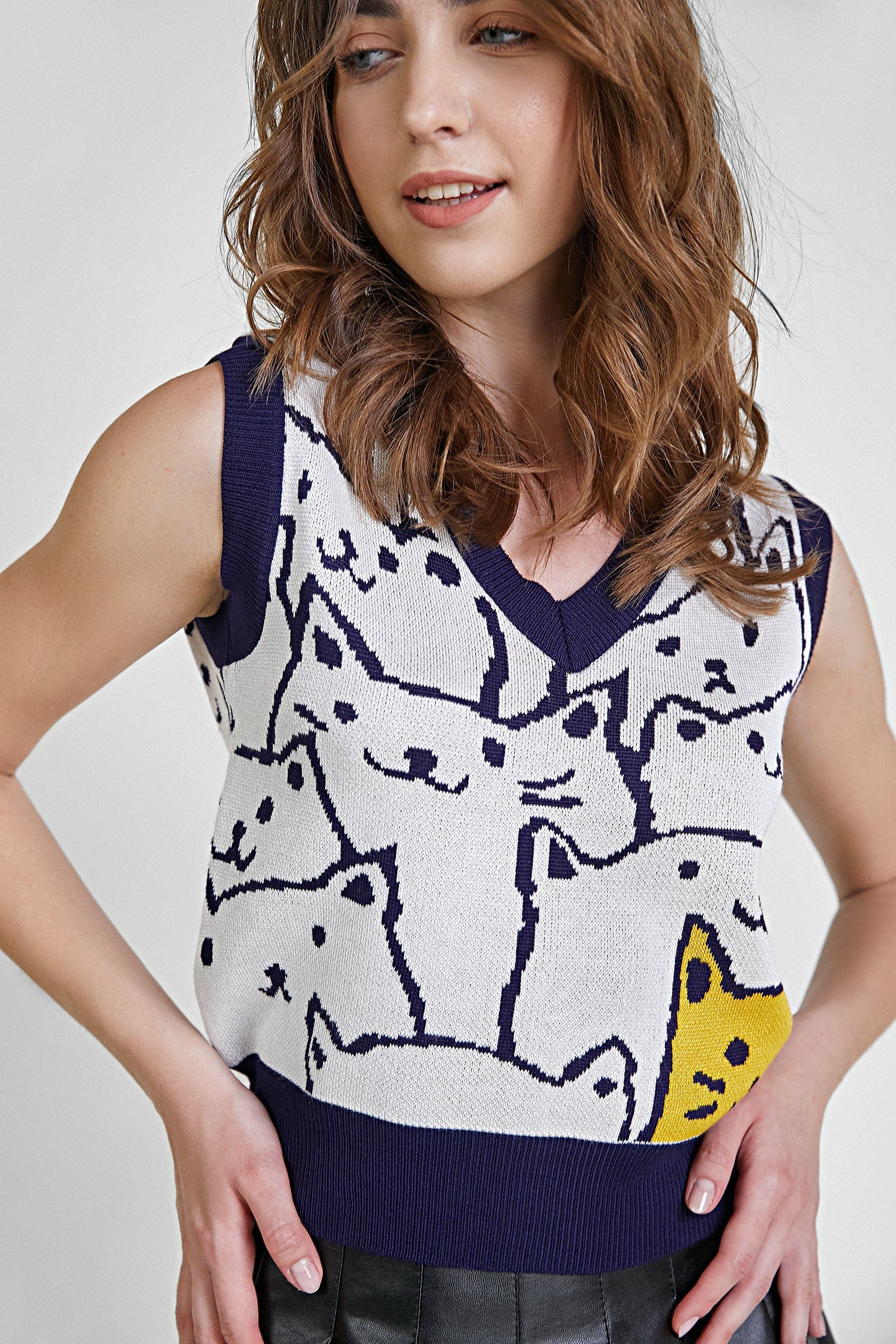 Midnight Blue Cat Print Knitted Vest