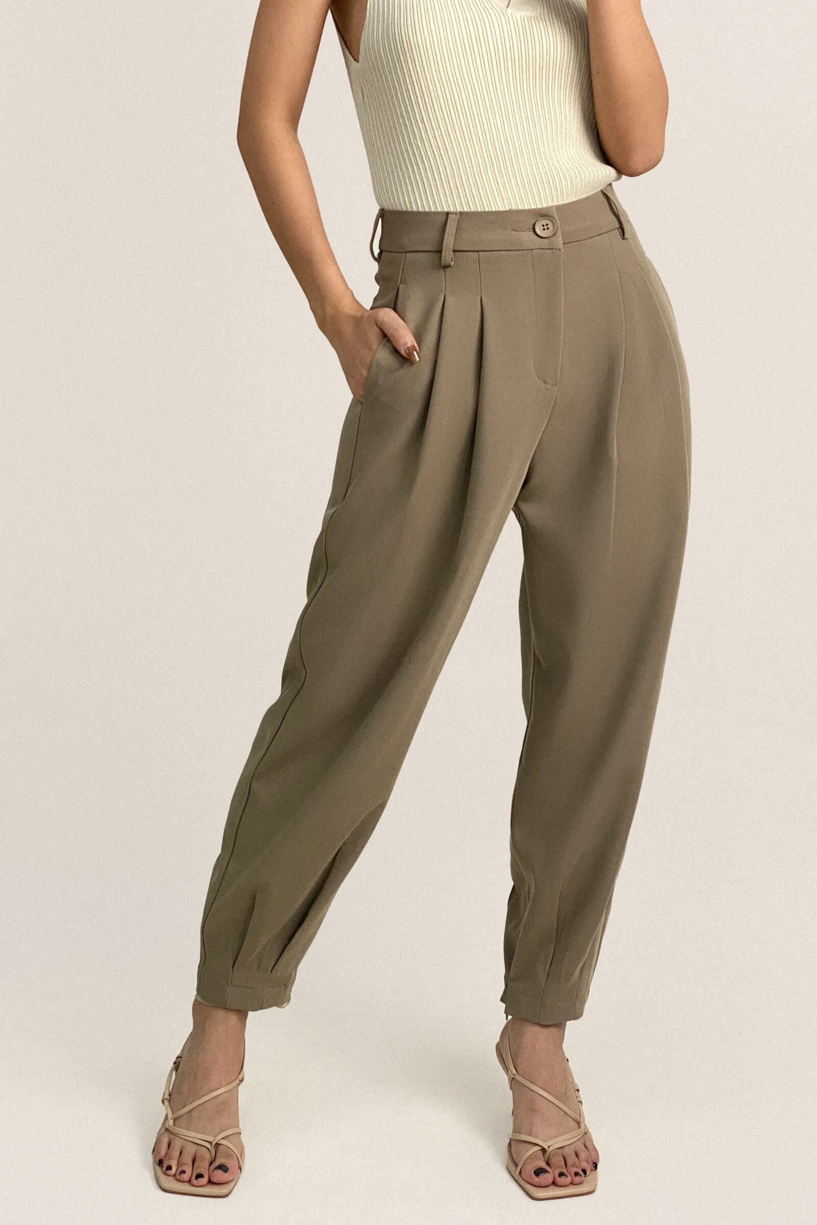 Tan Barrel Leg High Rise Pants
