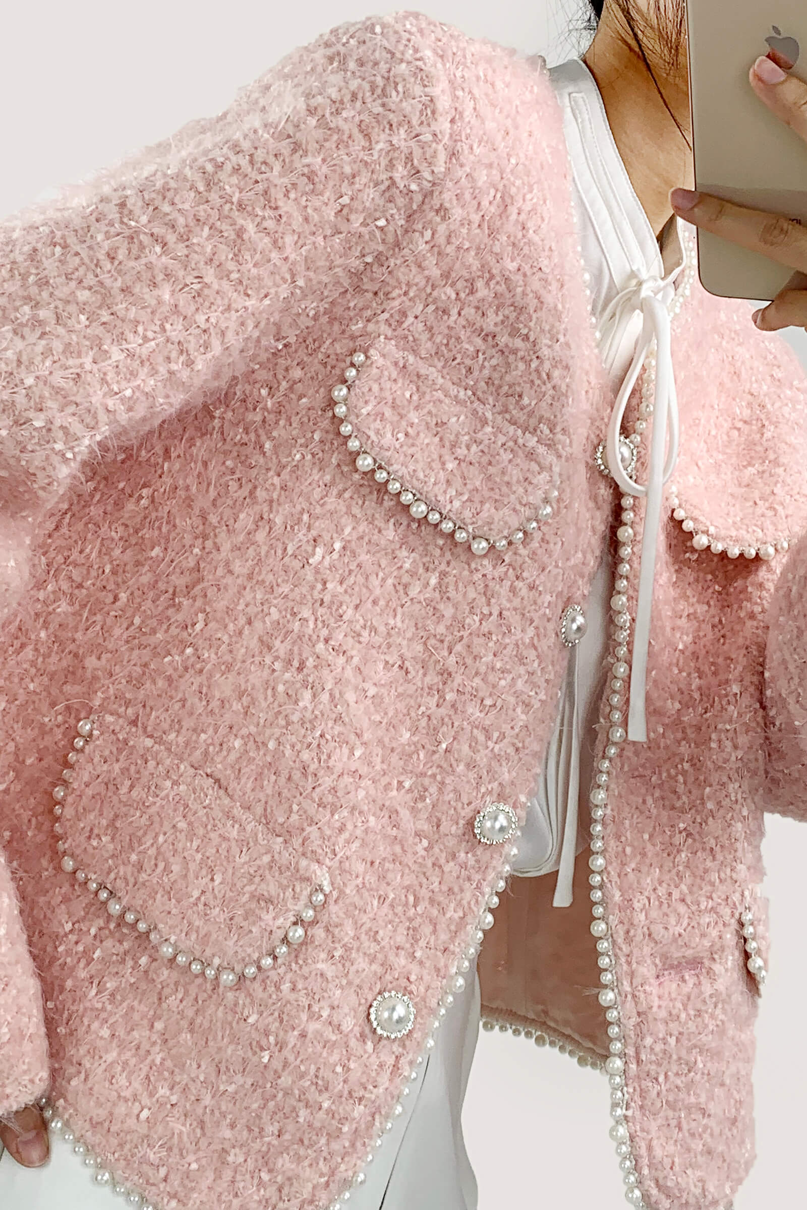 Misty Rose Wool-Blend Long Sleeve Button Up Pearl-Trimmed Jacket