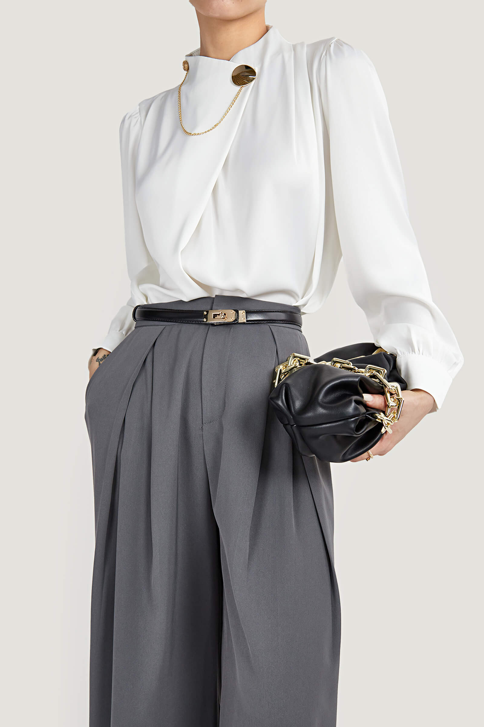 White Mock Neck Ornamental Lantern Sleeve Blouse