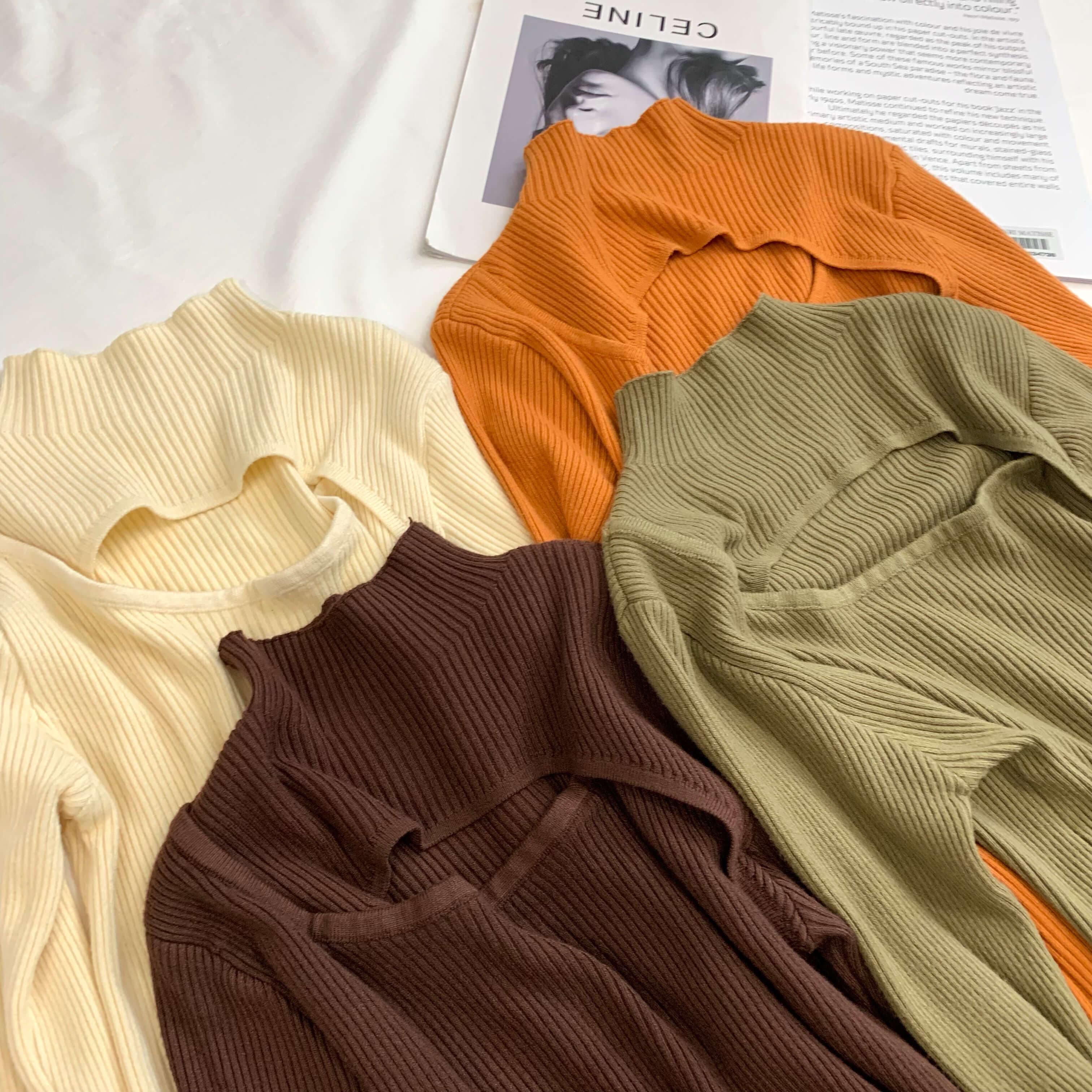 Olive Mock Neck Front Cut Out Ribbed Knit Sweater