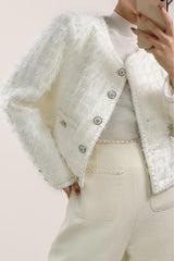 White Frayed Pocket Detail Round Neck Button-Up Tweed Jacket
