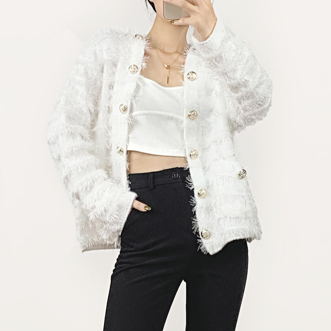 White Frayed Trim Cardigan With Gold Buttons