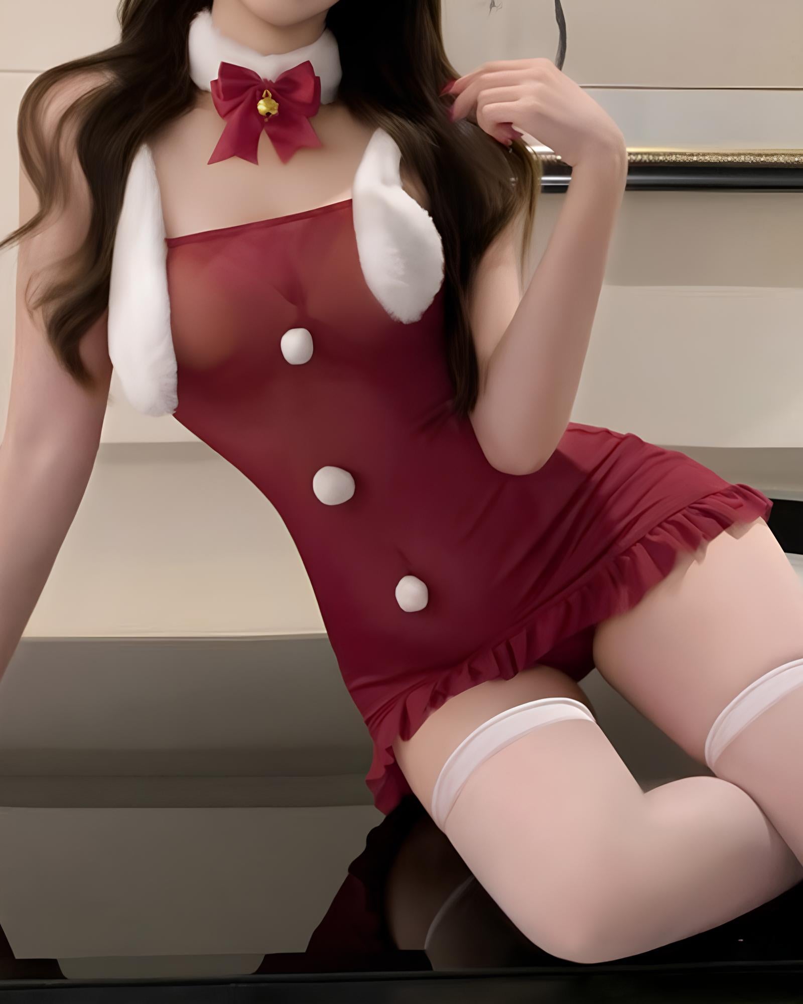 Christmas Bunny Girl Plush See-Through Mesh Patchwork Strapless Lingerie Nightgown with Headband