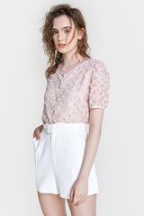 Pink Textured Floral Button Front Blouse
