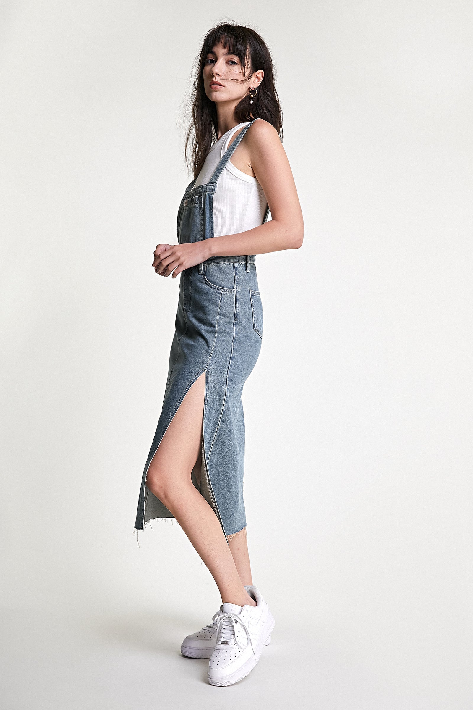 Medium Blue Side Slit Denim Overall Dress