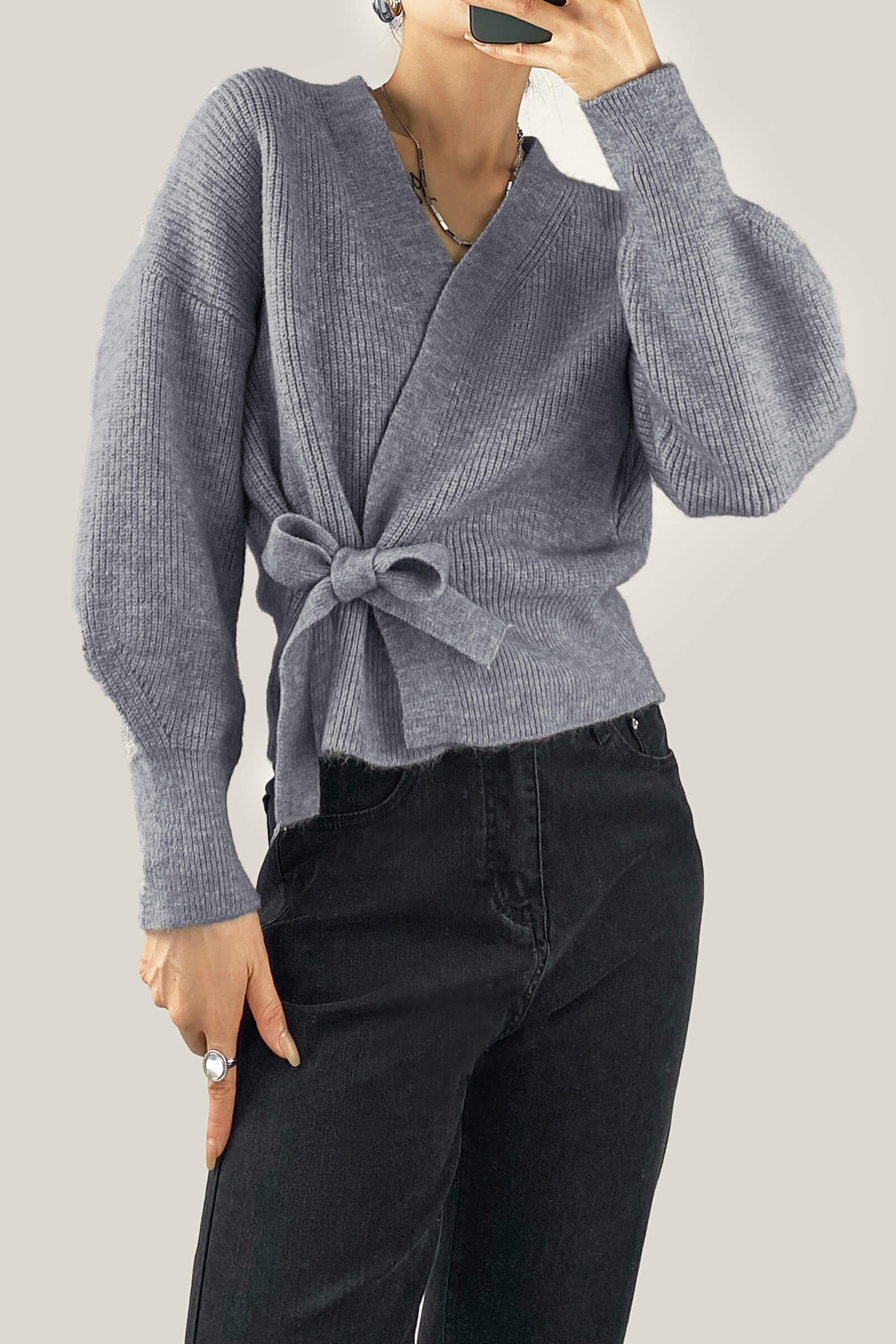 Grey Ribbed Knit Wrap Tie Side Cardigan