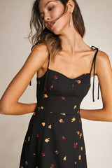 Black Fruit Print Tie Strap Sweetheart Neck Mini Dress