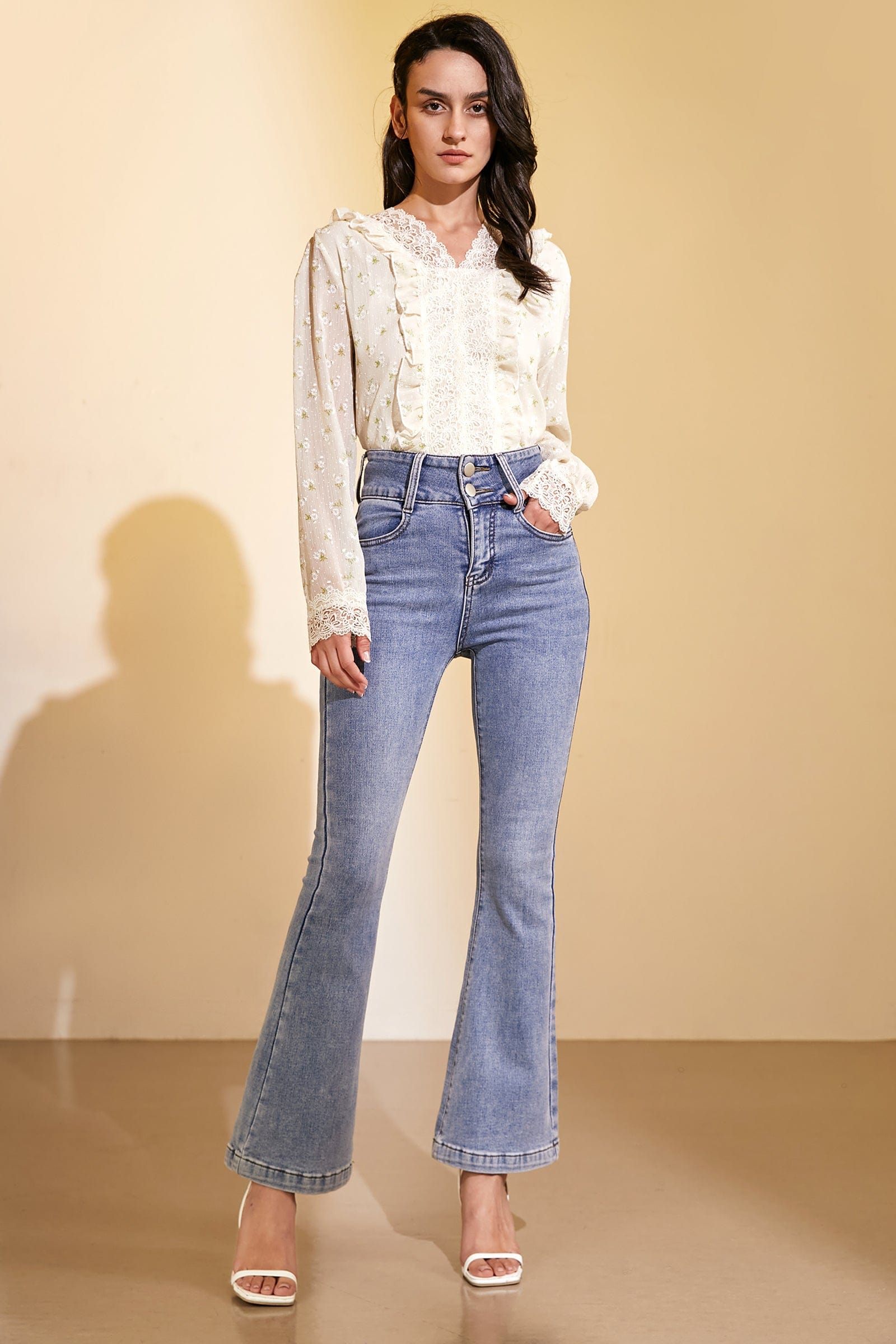 Ivory Floral Print Lace-Detail Chiffon Blouse