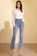 Ivory Floral Print Lace-Detail Chiffon Blouse