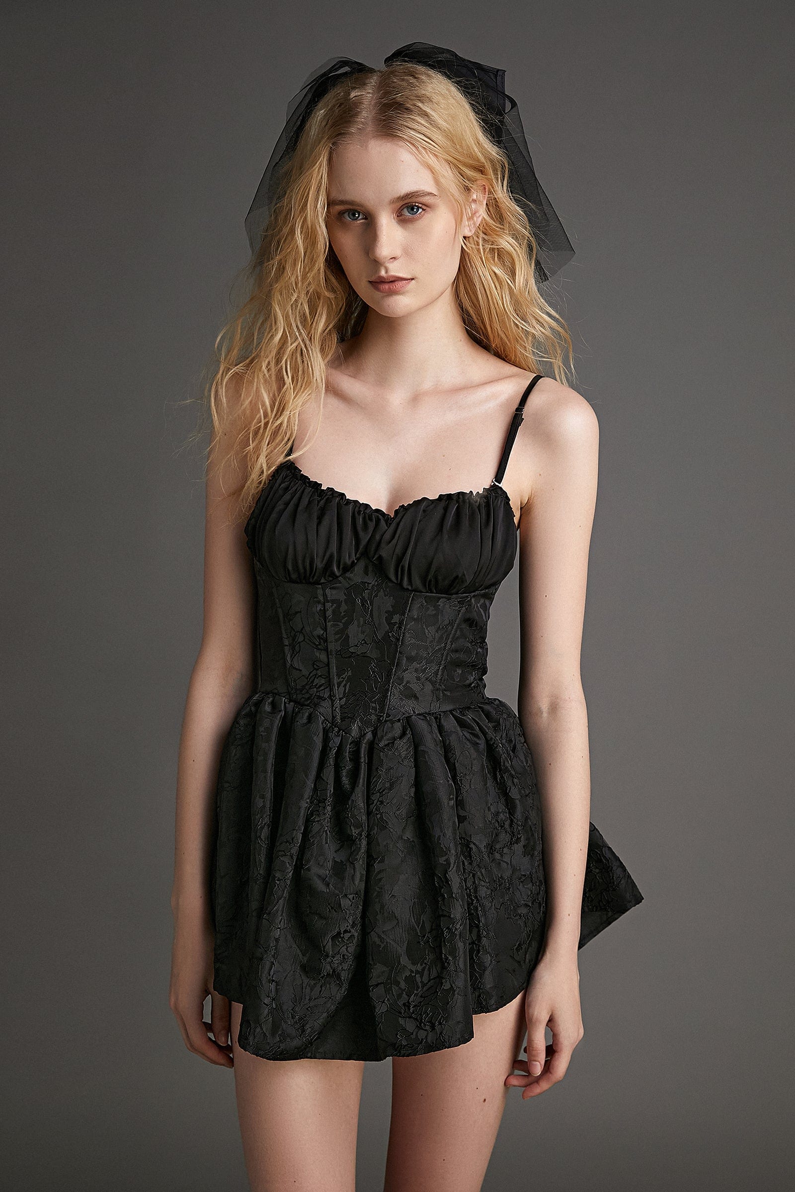 Black Floral Jacquard Ruched Corset Detail Mini Dress