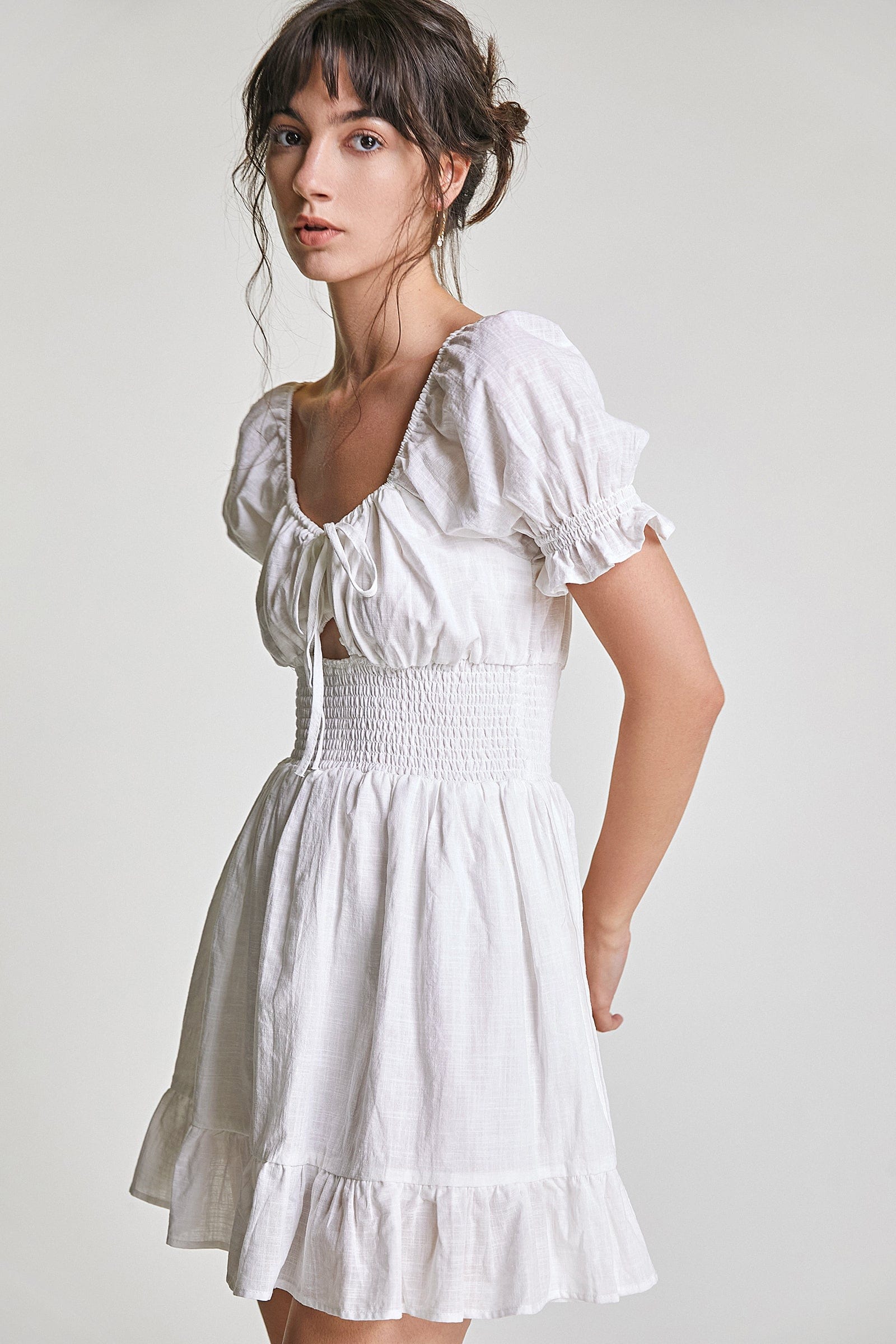 White Deep V-Neck Underbust Cut Out Smocked Waist Mini Dress