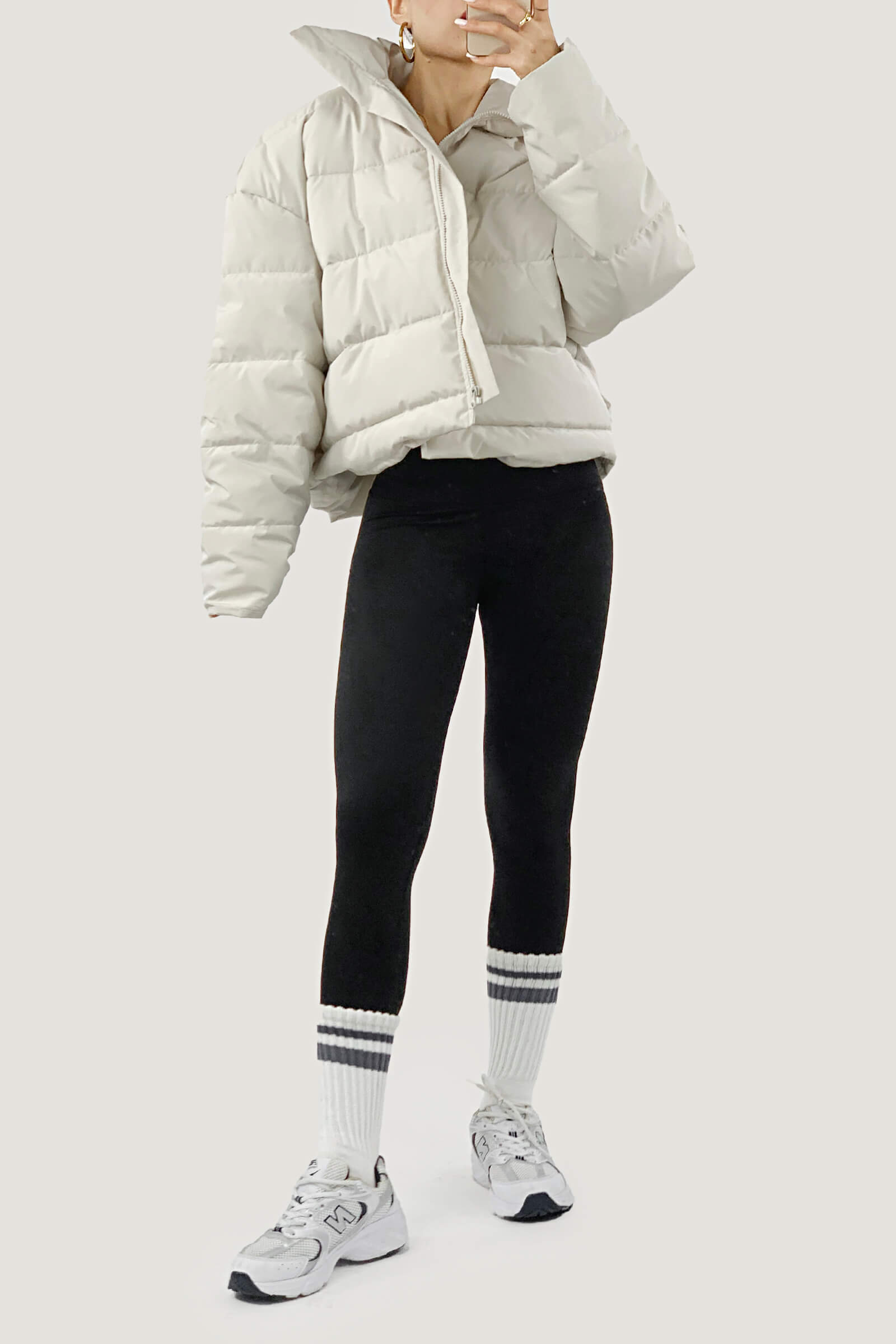 White Stand Collar Zip Puffer Jacket