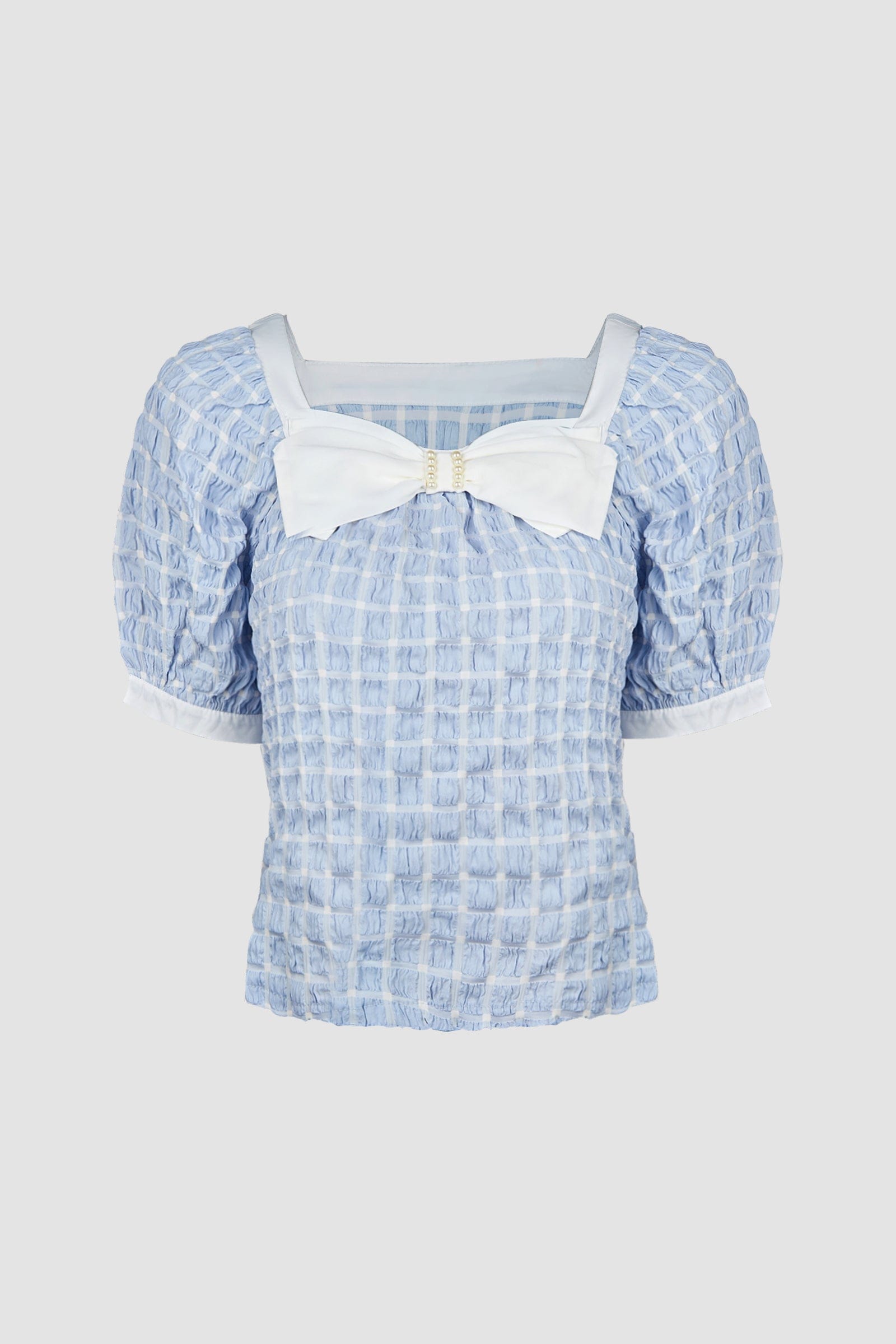 Light Sky Blue Square Neck Bow-Embellished Textured Blouse