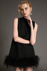 Black Sleeveless Mock Neck Feather-Trimmed Mini Dress