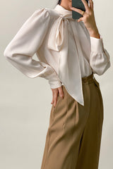 Floral White Satin High Neck Long Sleeve Blouse With Neck Tie