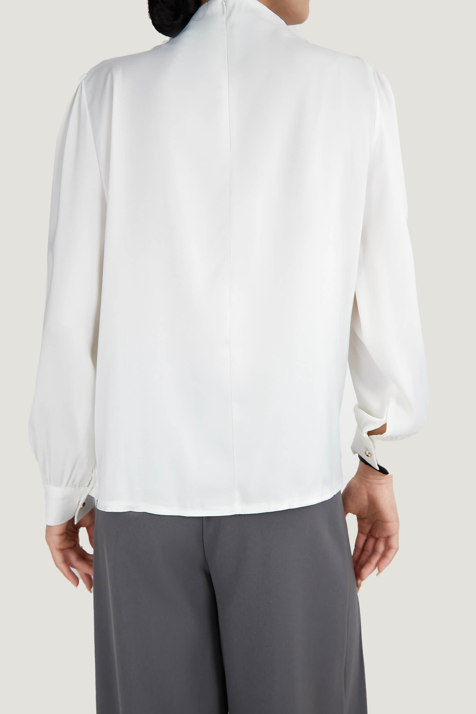 White Mock Neck Ornamental Lantern Sleeve Blouse